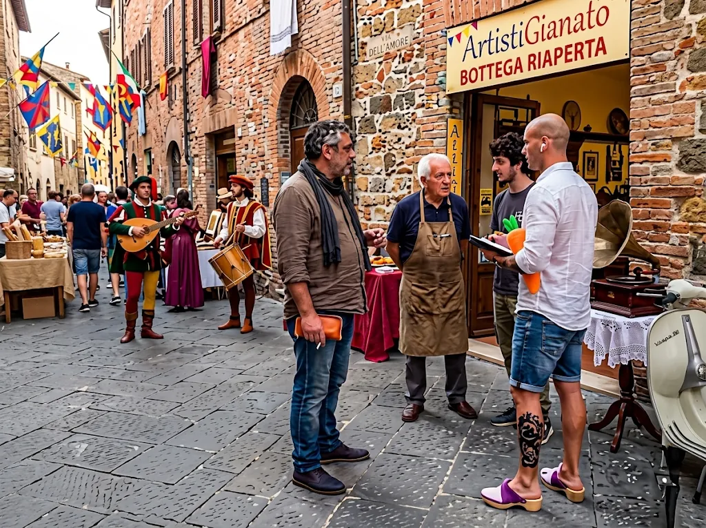 ARTISTIGIANATO Bottega Riaperta: in via dell'Amore a Colle Alta un artigiano sulla porta della bottega, musici in costume, banco dei formaggi, grammofono e Vespa