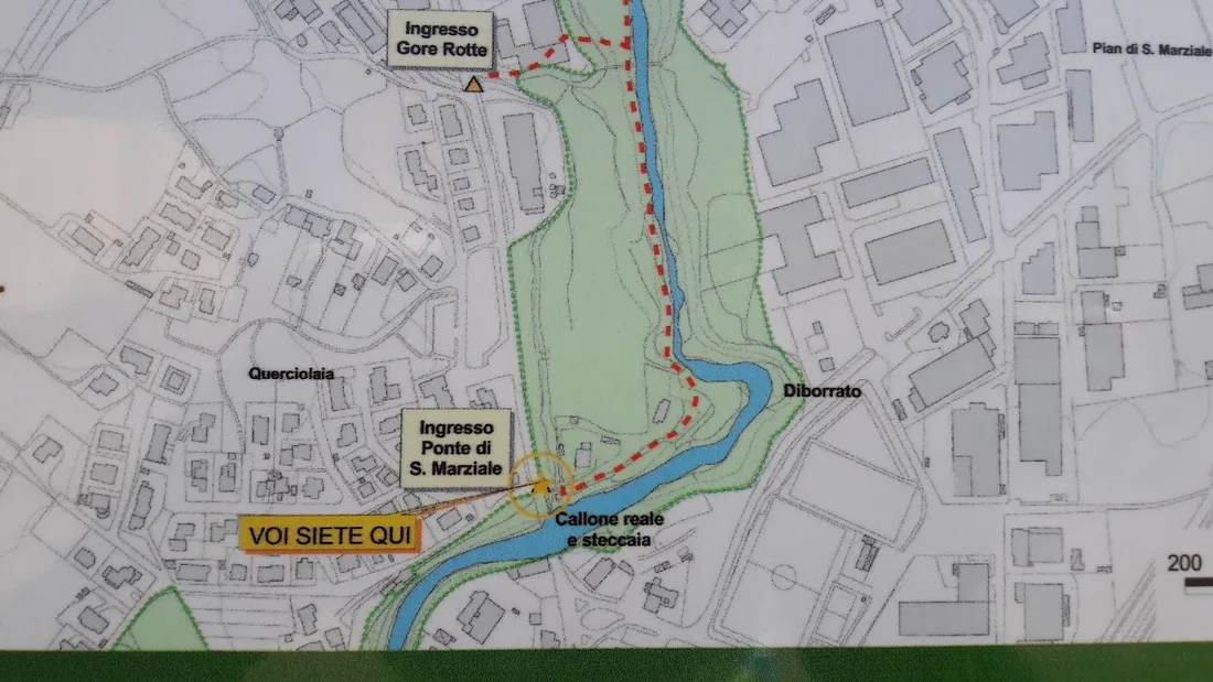 Mappa del SentierElsa al Ponte di San Marziale: ingressi Gore Rotte e Ponte di S. Marziale, Callone reale e steccaia, Diborrato