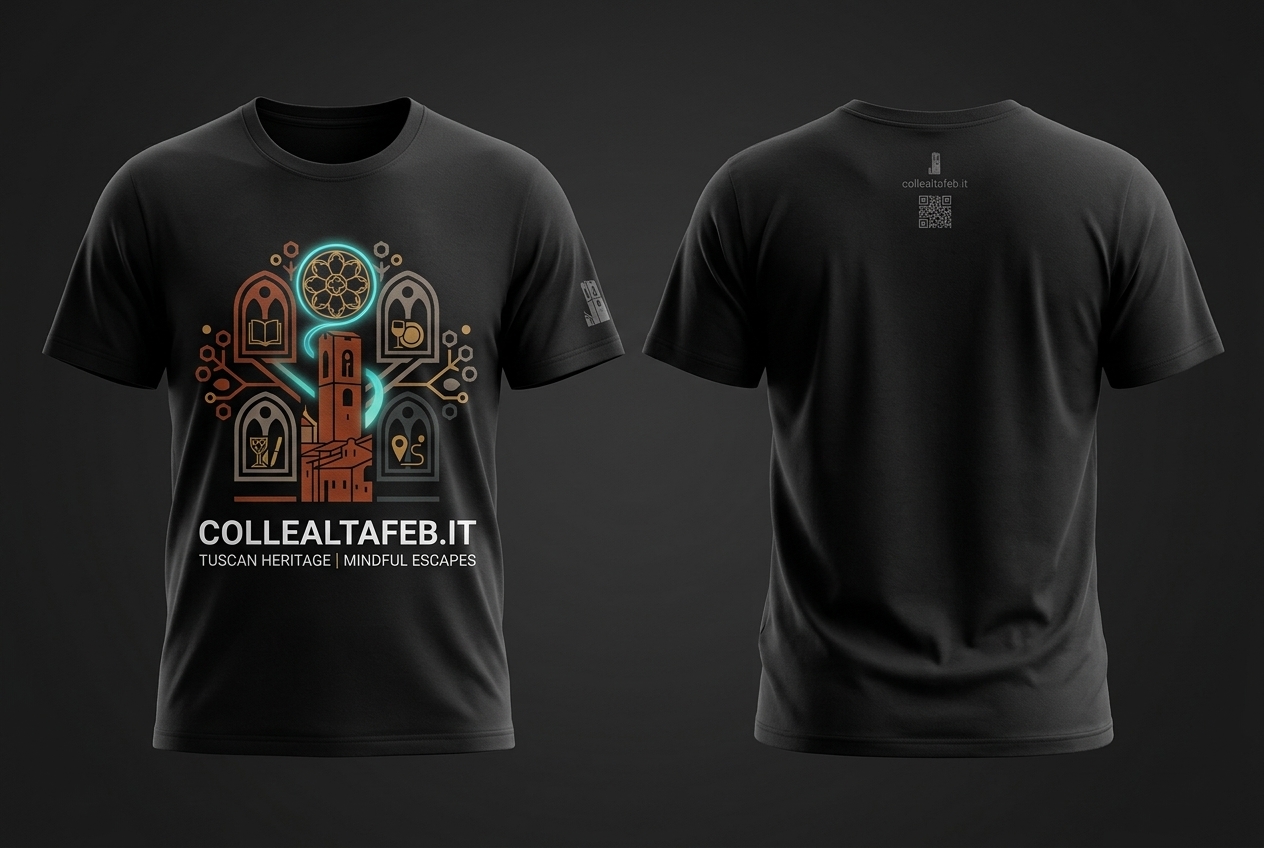 T-shirt Pantablack fronte e retro: il Code di Colle Alta sul petto, icona sulla manica, QR dietro il collo